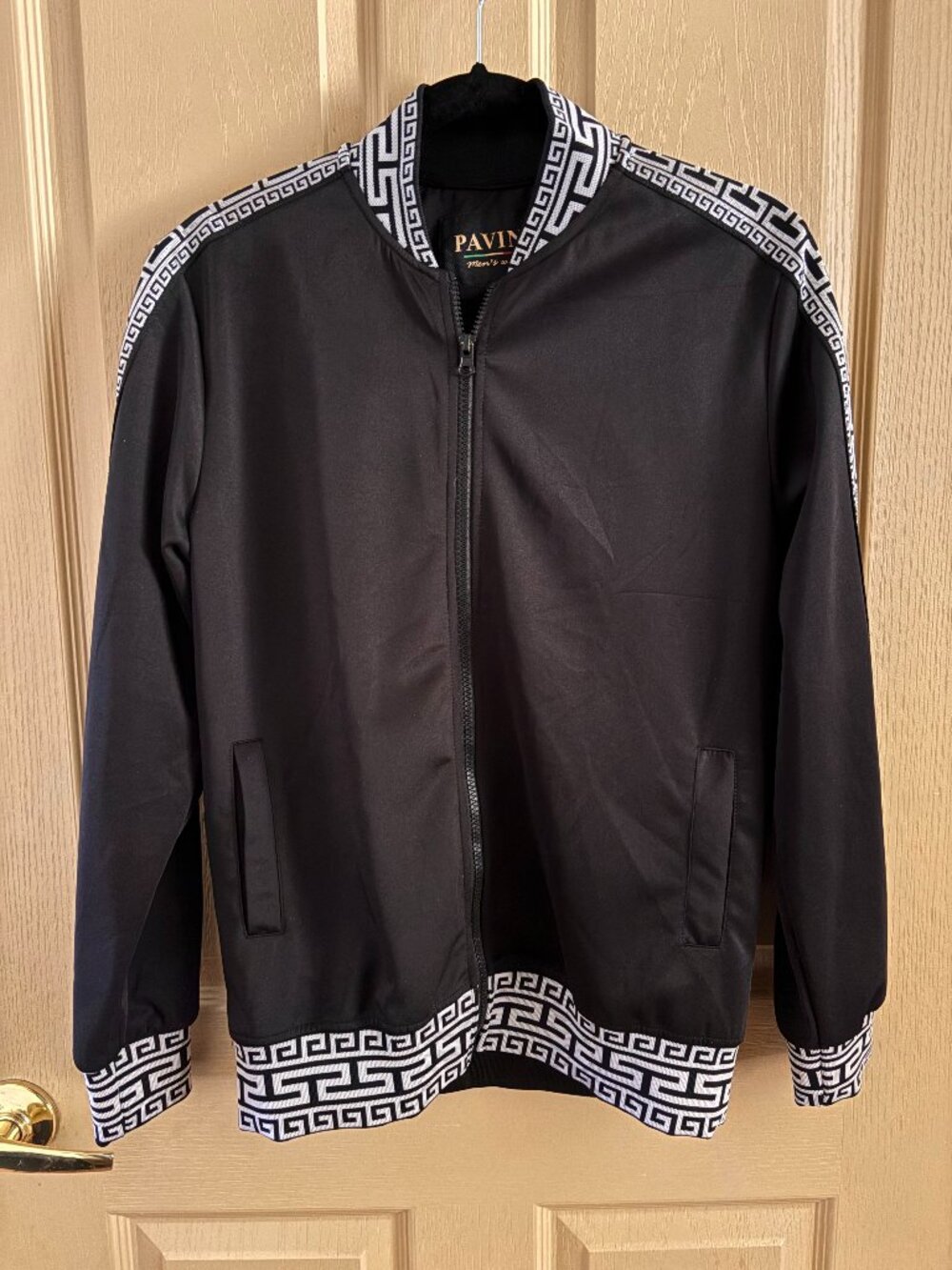 Pavini Black Bomber Jacket with White Greek Key Trim